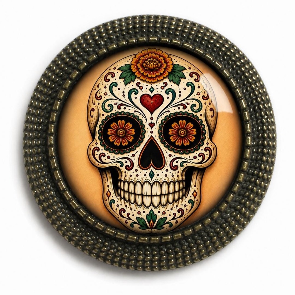 Sugar Skull Brooch Dia de los Muertos Day of the Dead Marigold Gothic Bronze Pin